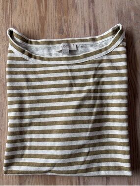 LOFT Tan and White Striped Boatneck Top